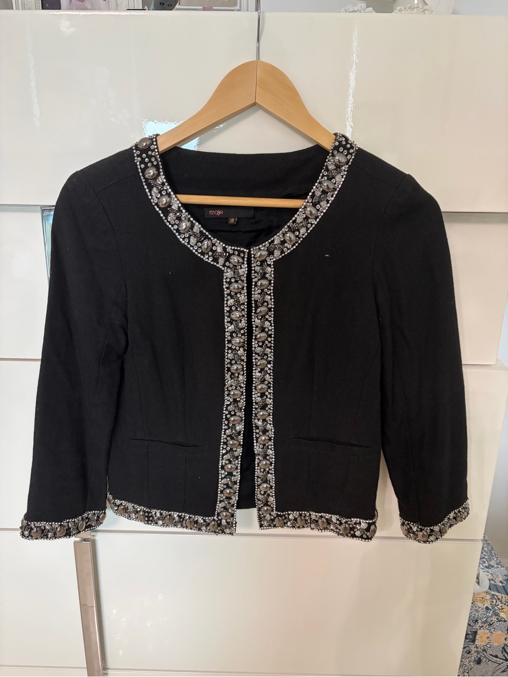 Maje Black Embellished Collar Cropped Jacket